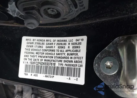 2019 Honda Civic Lx from USA, damaged, VIN 19XFC2F62KE037618